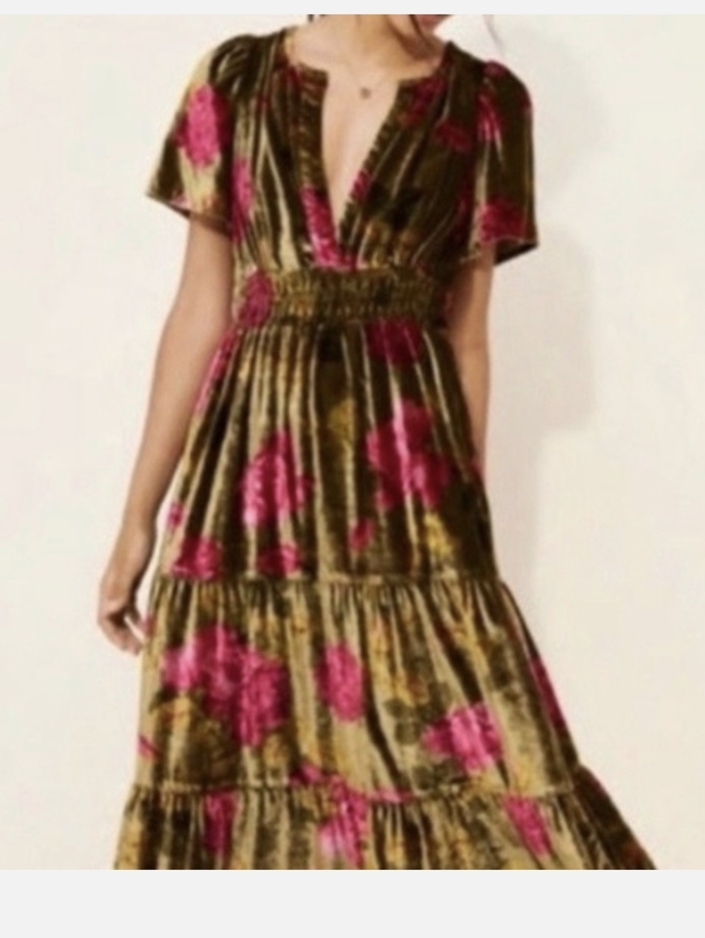 Anthropologie Olive Velvet High-Low Dress with Pink Floral Accents - Picture 5 of 6